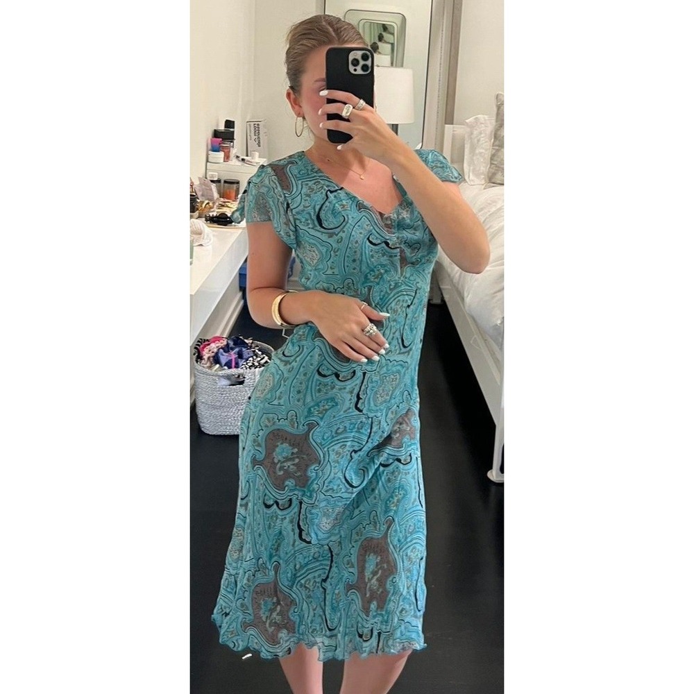 Vintage A.M.I Blue Paisley Print Midi Dress Flutter Sleeve V Neck Size S 2000s